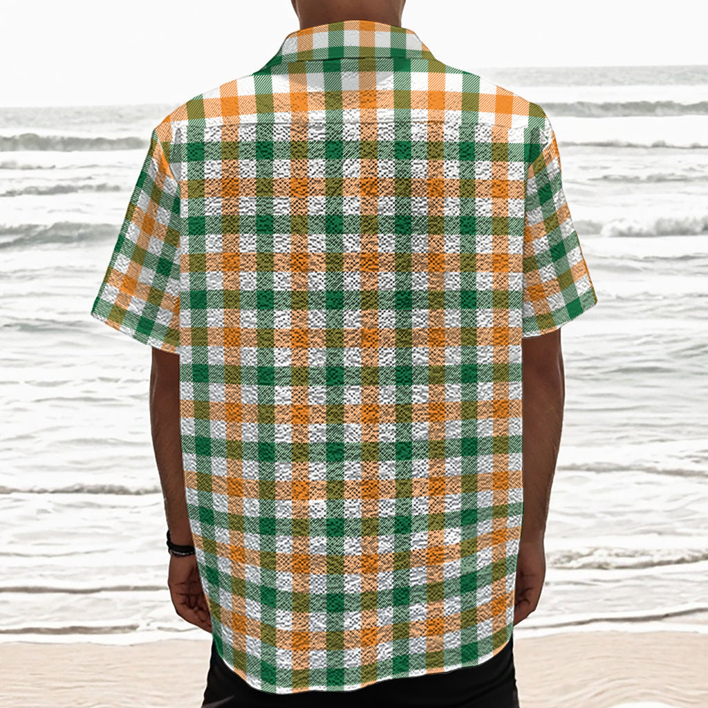 White Orange And Green Plaid Print Textured Short Sleeve Shirt