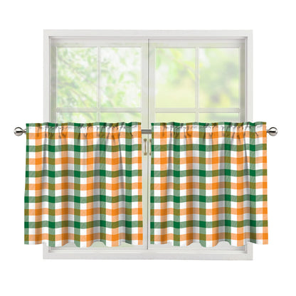 White Orange And Green Plaid Print Tier Curtains