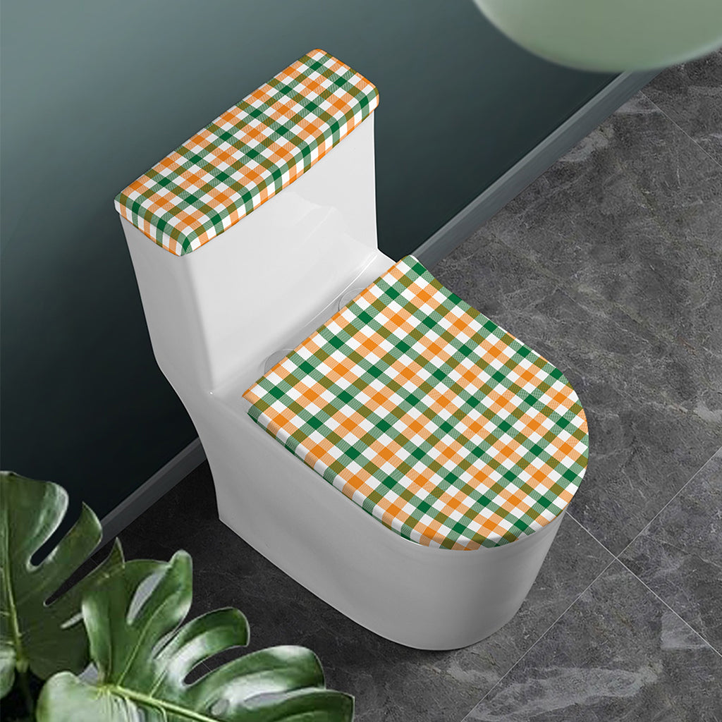 White Orange And Green Plaid Print Toilet Lid And Tank Cover Set