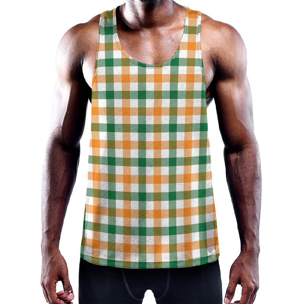 White Orange And Green Plaid Print Training Tank Top