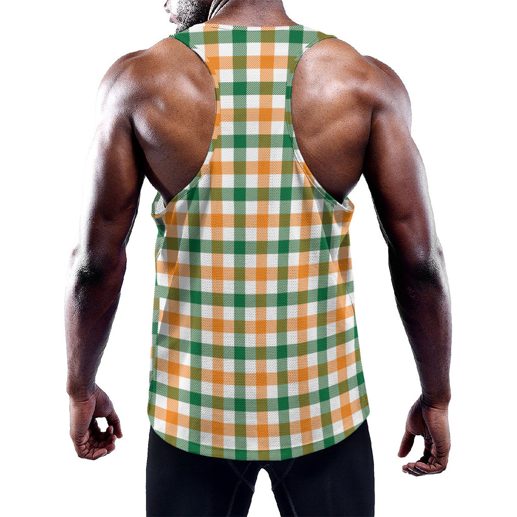 White Orange And Green Plaid Print Training Tank Top