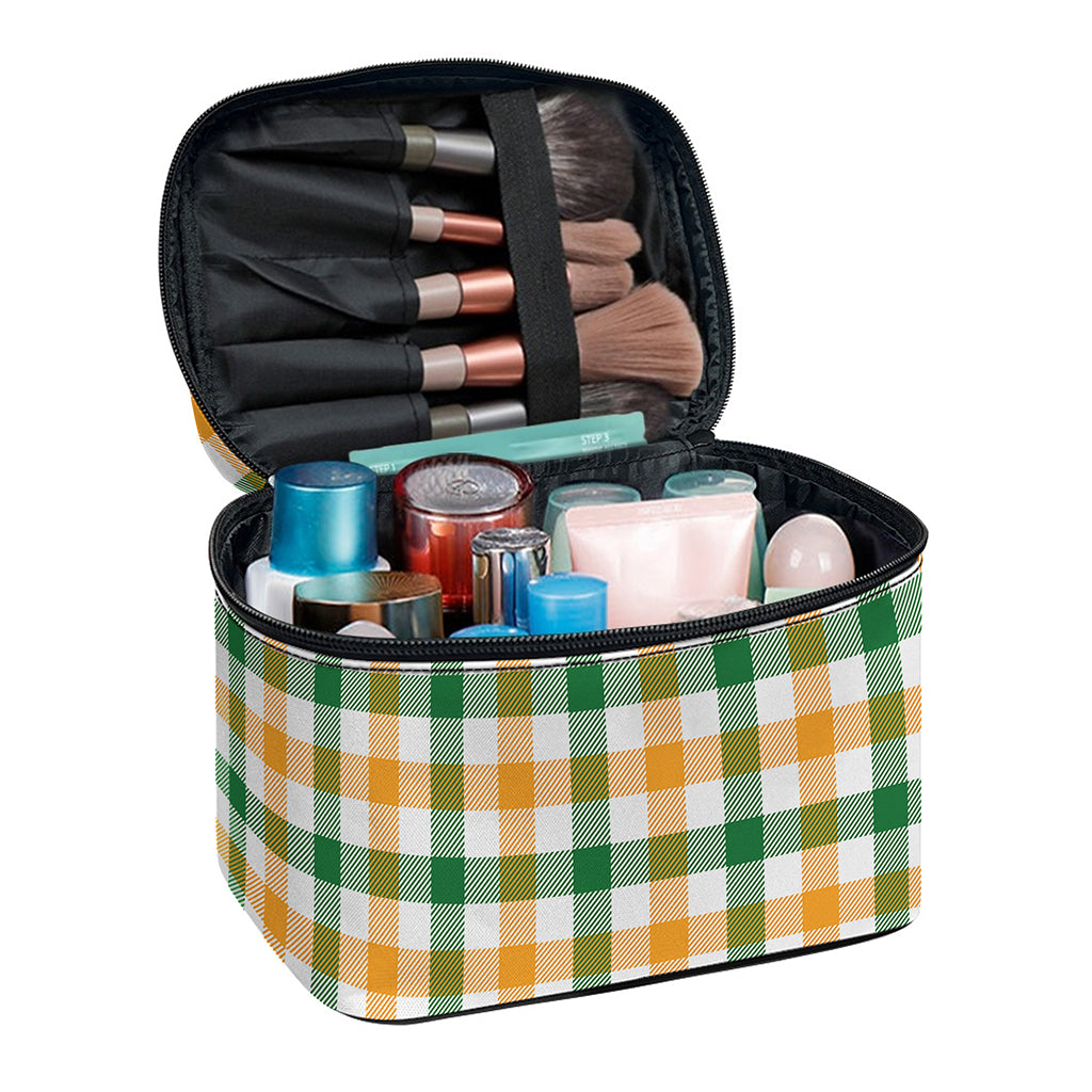 White Orange And Green Plaid Print Travel Makeup Bag
