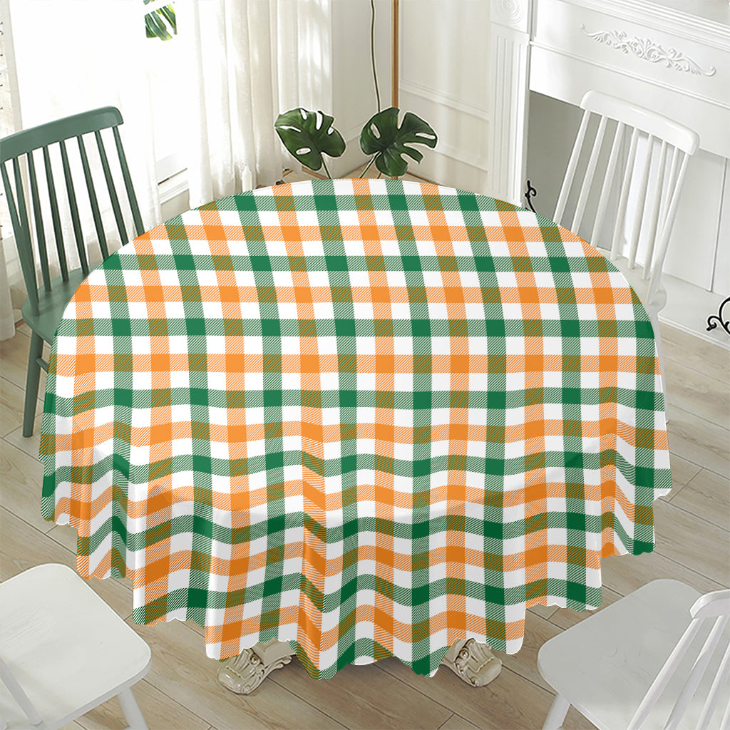 White Orange And Green Plaid Print Waterproof Round Tablecloth