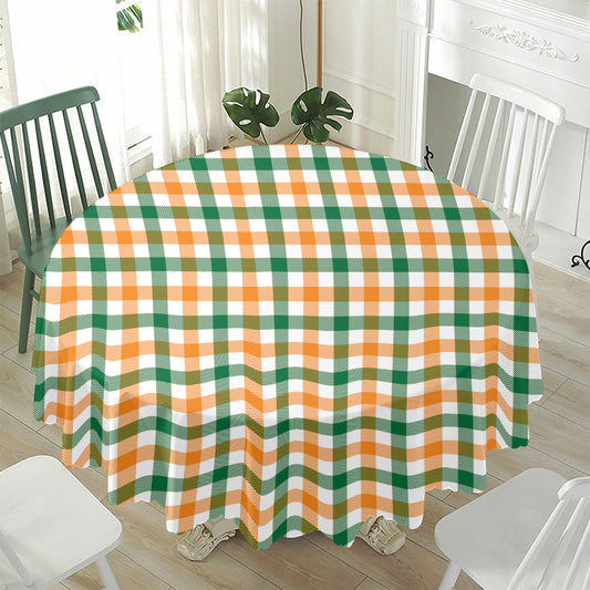 White Orange And Green Plaid Print Waterproof Round Tablecloth
