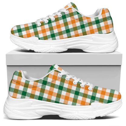 White Orange And Green Plaid Print White Chunky Shoes