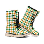 White Orange And Green Plaid Print Winter Boots