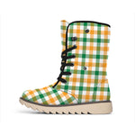 White Orange And Green Plaid Print Winter Boots