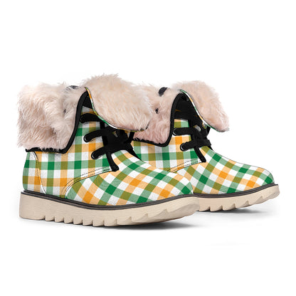 White Orange And Green Plaid Print Winter Boots