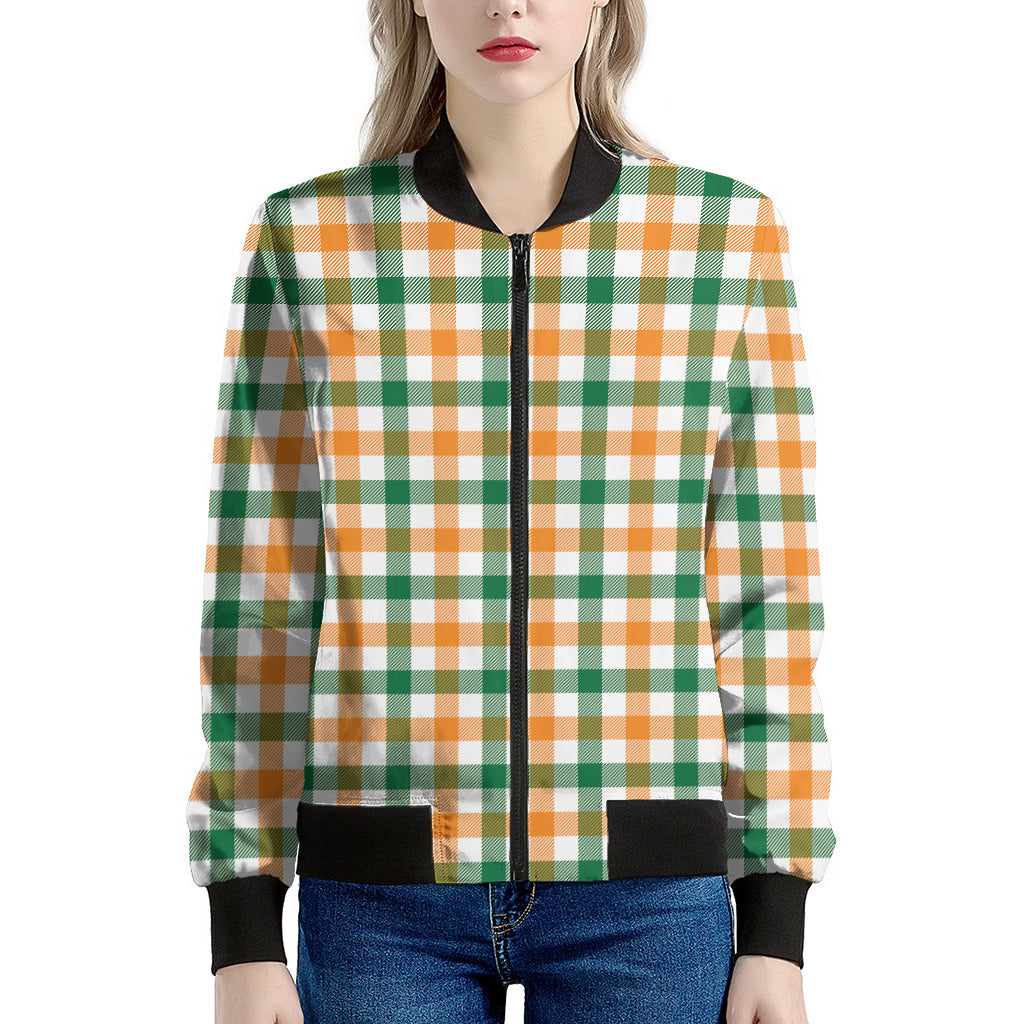 White Orange And Green Plaid Print Women's Bomber Jacket
