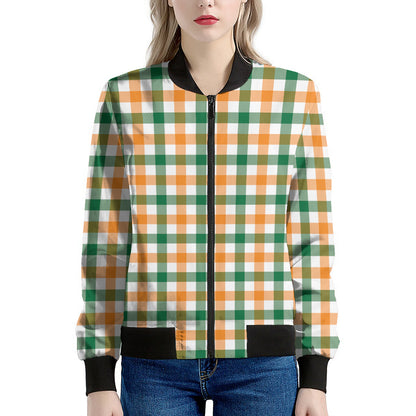 White Orange And Green Plaid Print Women's Bomber Jacket