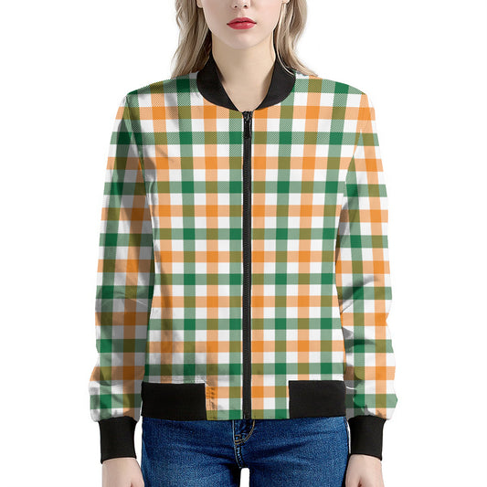 White Orange And Green Plaid Print Women's Bomber Jacket