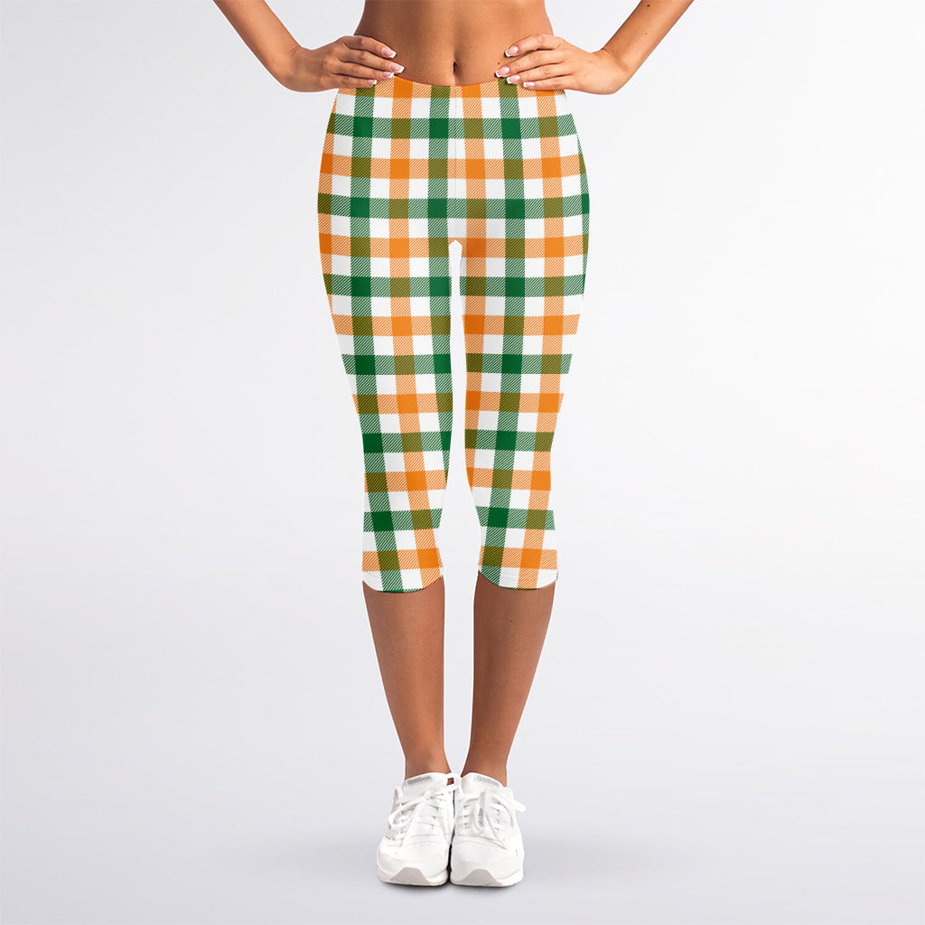 White Orange And Green Plaid Print Women's Capri Leggings