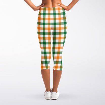 White Orange And Green Plaid Print Women's Capri Leggings