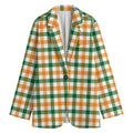 White Orange And Green Plaid Print Women's Cotton Blazer