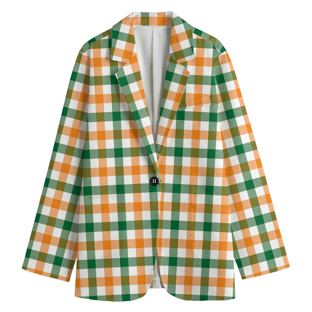 White Orange And Green Plaid Print Women's Cotton Blazer