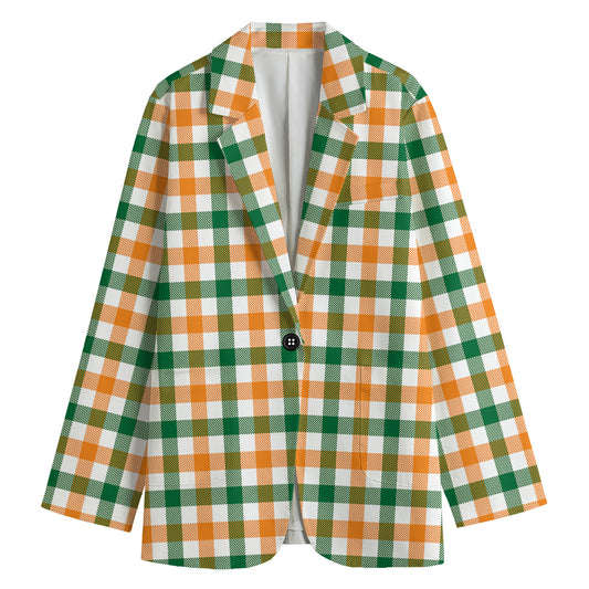 White Orange And Green Plaid Print Women's Cotton Blazer