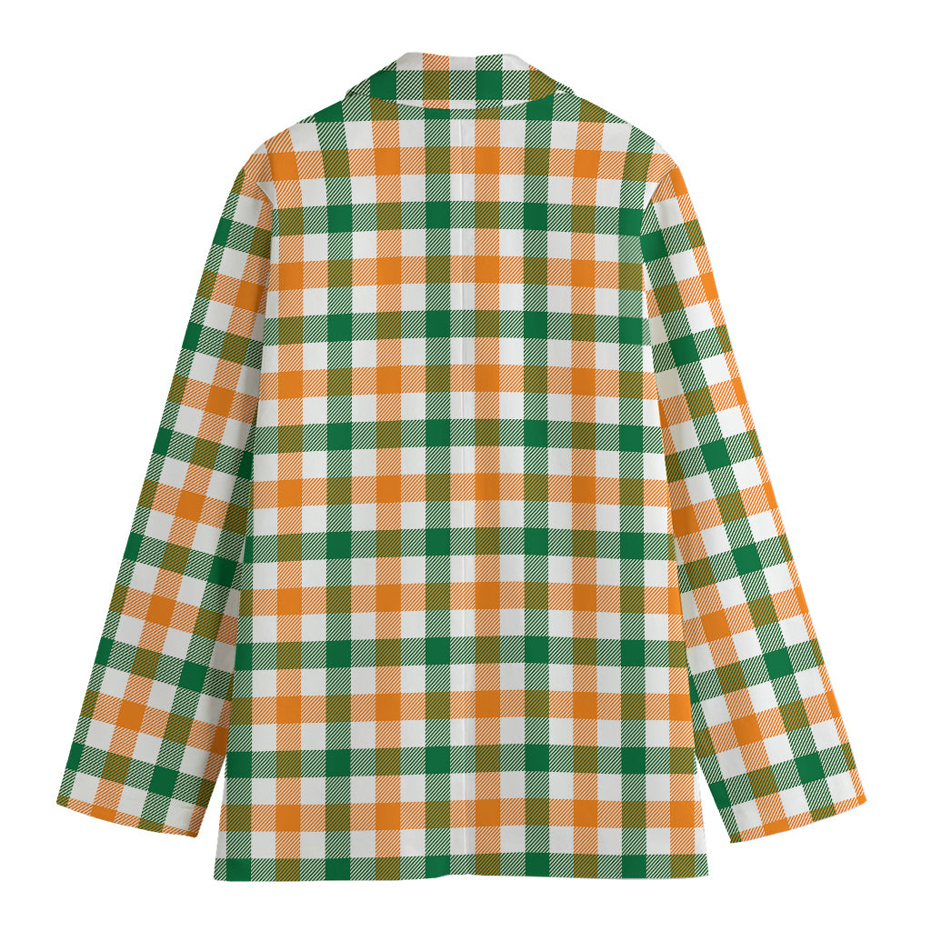 White Orange And Green Plaid Print Women's Cotton Blazer