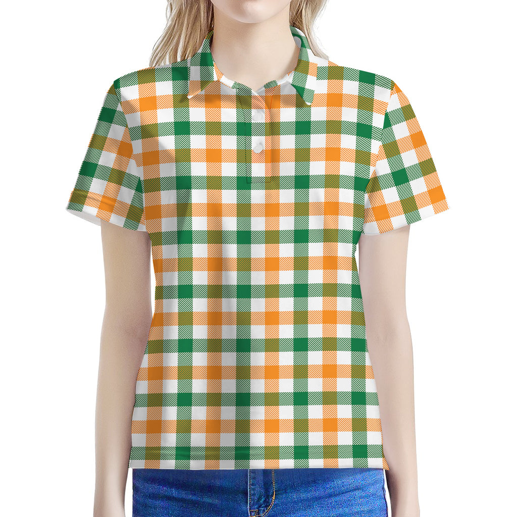 White Orange And Green Plaid Print Women's Polo Shirt