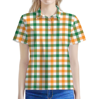 White Orange And Green Plaid Print Women's Polo Shirt