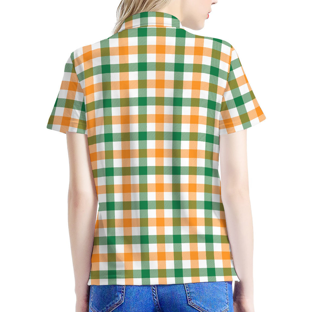 White Orange And Green Plaid Print Women's Polo Shirt