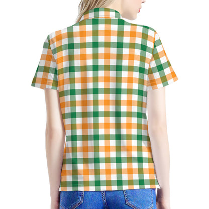 White Orange And Green Plaid Print Women's Polo Shirt
