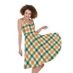 White Orange And Green Plaid Print Women's Sleeveless Dress