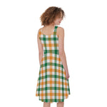 White Orange And Green Plaid Print Women's Sleeveless Dress