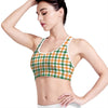 White Orange And Green Plaid Print Women's Sports Bra