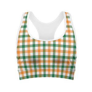 White Orange And Green Plaid Print Women's Sports Bra