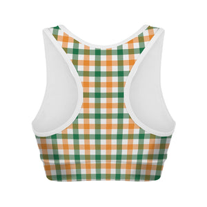 White Orange And Green Plaid Print Women's Sports Bra