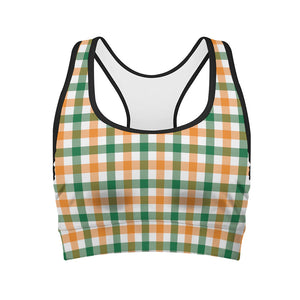 White Orange And Green Plaid Print Women's Sports Bra