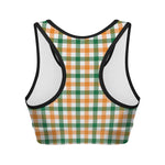 White Orange And Green Plaid Print Women's Sports Bra