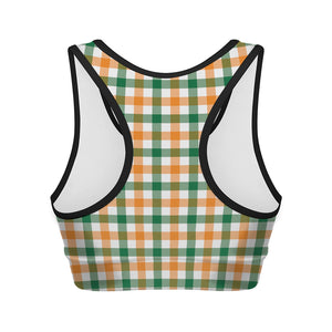 White Orange And Green Plaid Print Women's Sports Bra