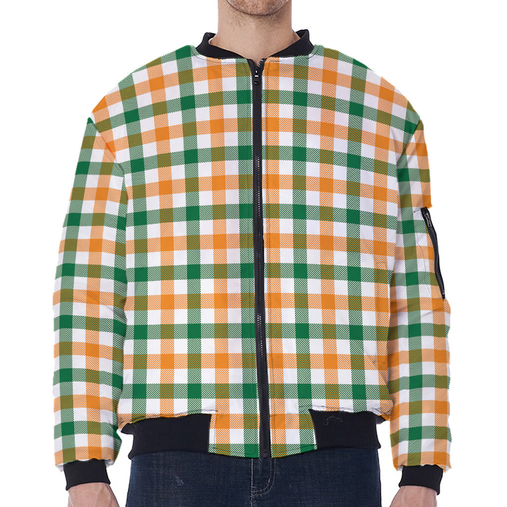 White Orange And Green Plaid Print Zip Sleeve Bomber Jacket