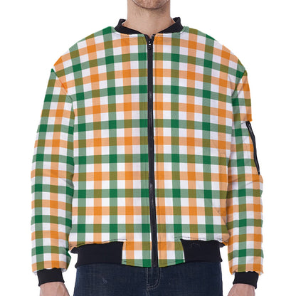 White Orange And Green Plaid Print Zip Sleeve Bomber Jacket