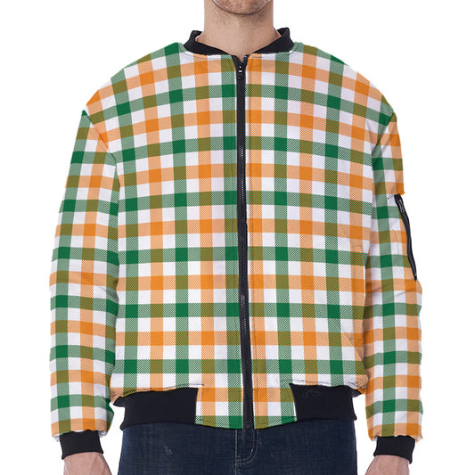 White Orange And Green Plaid Print Zip Sleeve Bomber Jacket