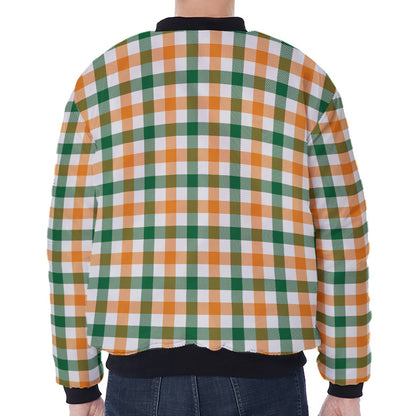 White Orange And Green Plaid Print Zip Sleeve Bomber Jacket