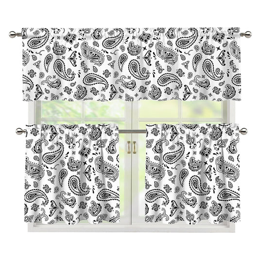 White Paisley Bandana Pattern Print 3 Piece Kitchen Curtains