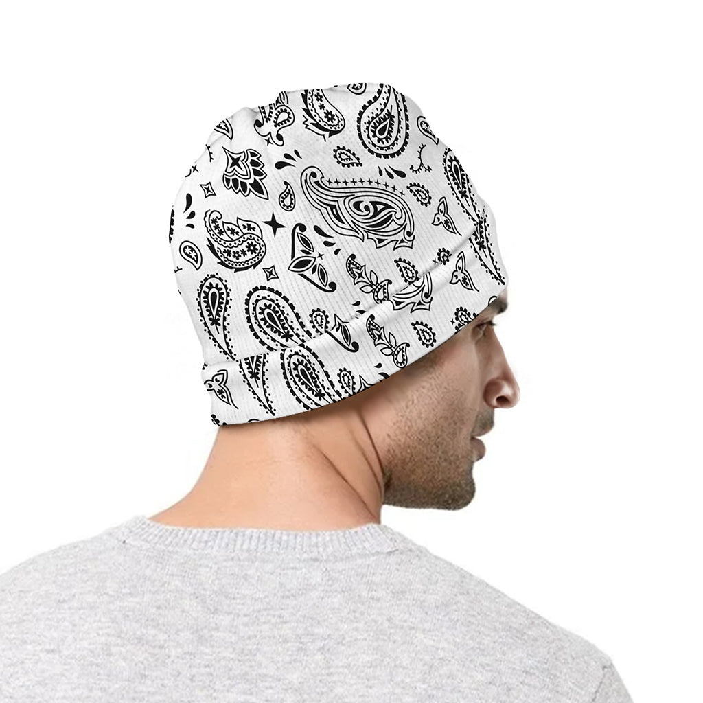 White Paisley Bandana Pattern Print Beanie