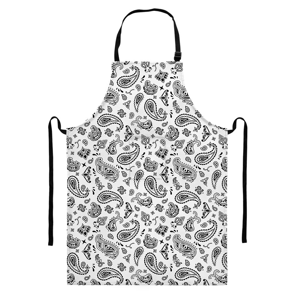 White Paisley Bandana Pattern Print Bib Apron With Pocket