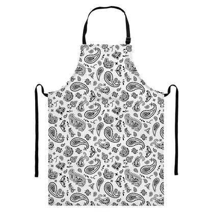 White Paisley Bandana Pattern Print Bib Apron With Pocket