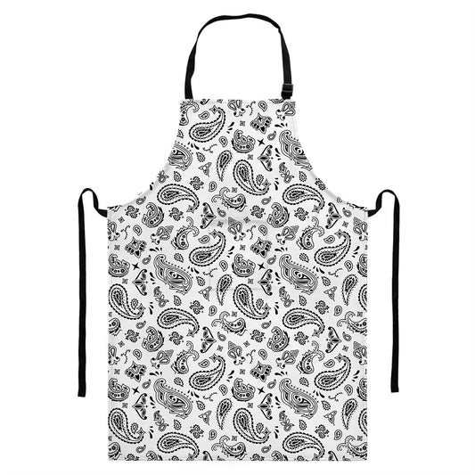 White Paisley Bandana Pattern Print Bib Apron With Pocket