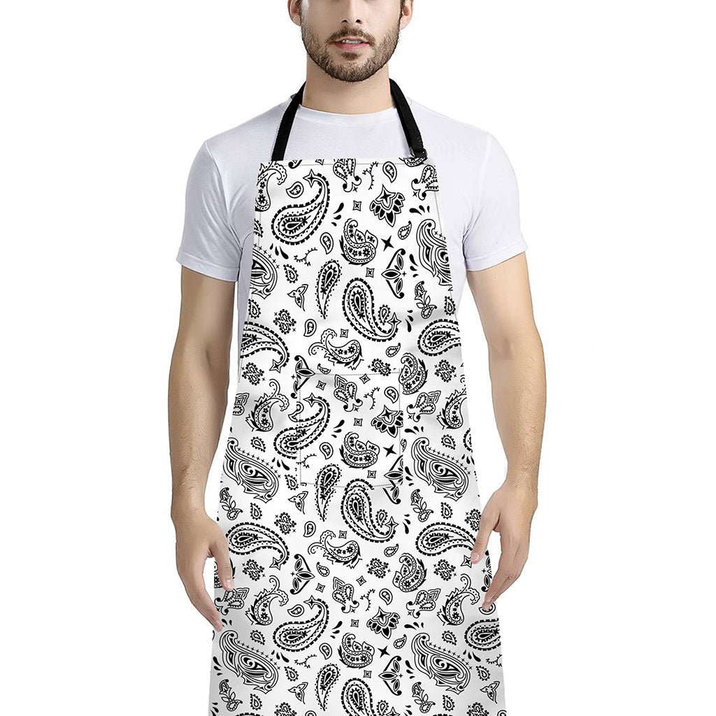 White Paisley Bandana Pattern Print Bib Apron With Pocket