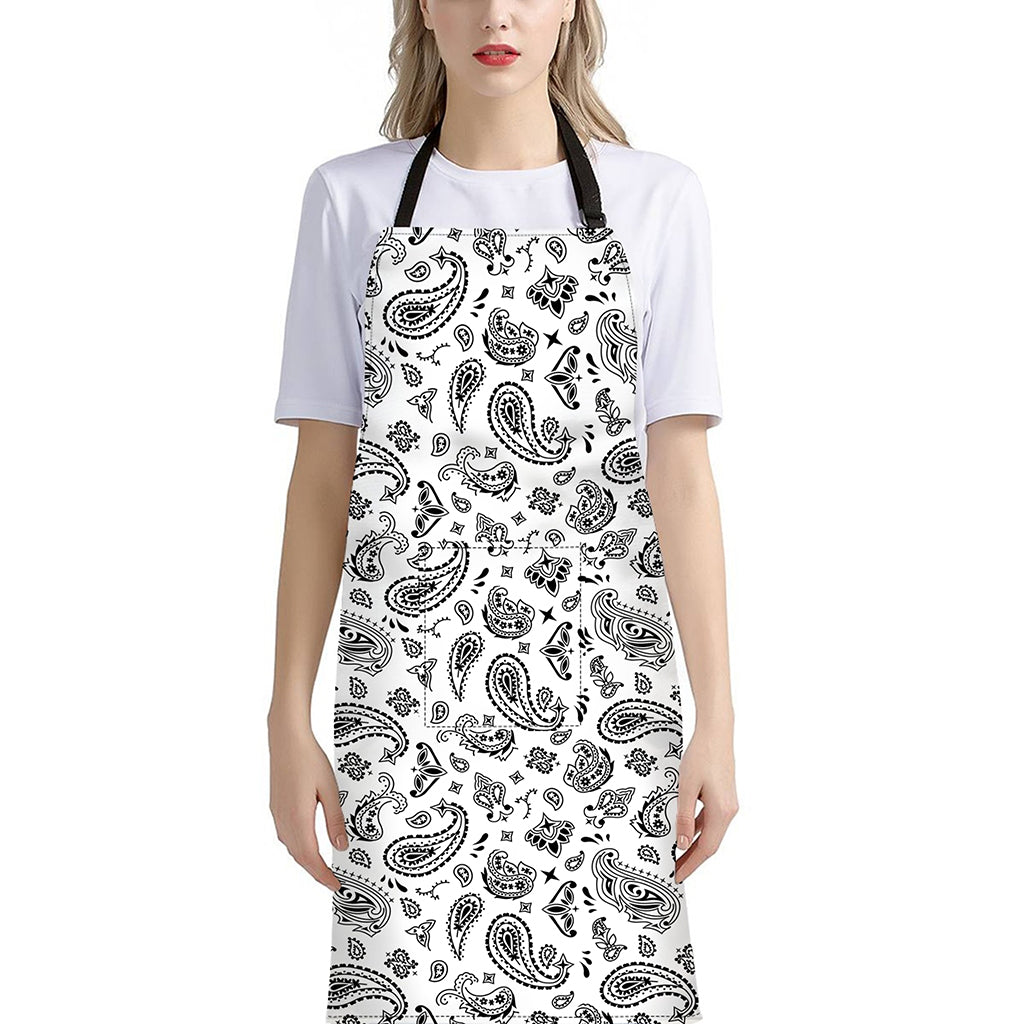White Paisley Bandana Pattern Print Bib Apron With Pocket
