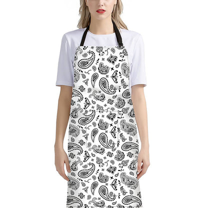White Paisley Bandana Pattern Print Bib Apron With Pocket