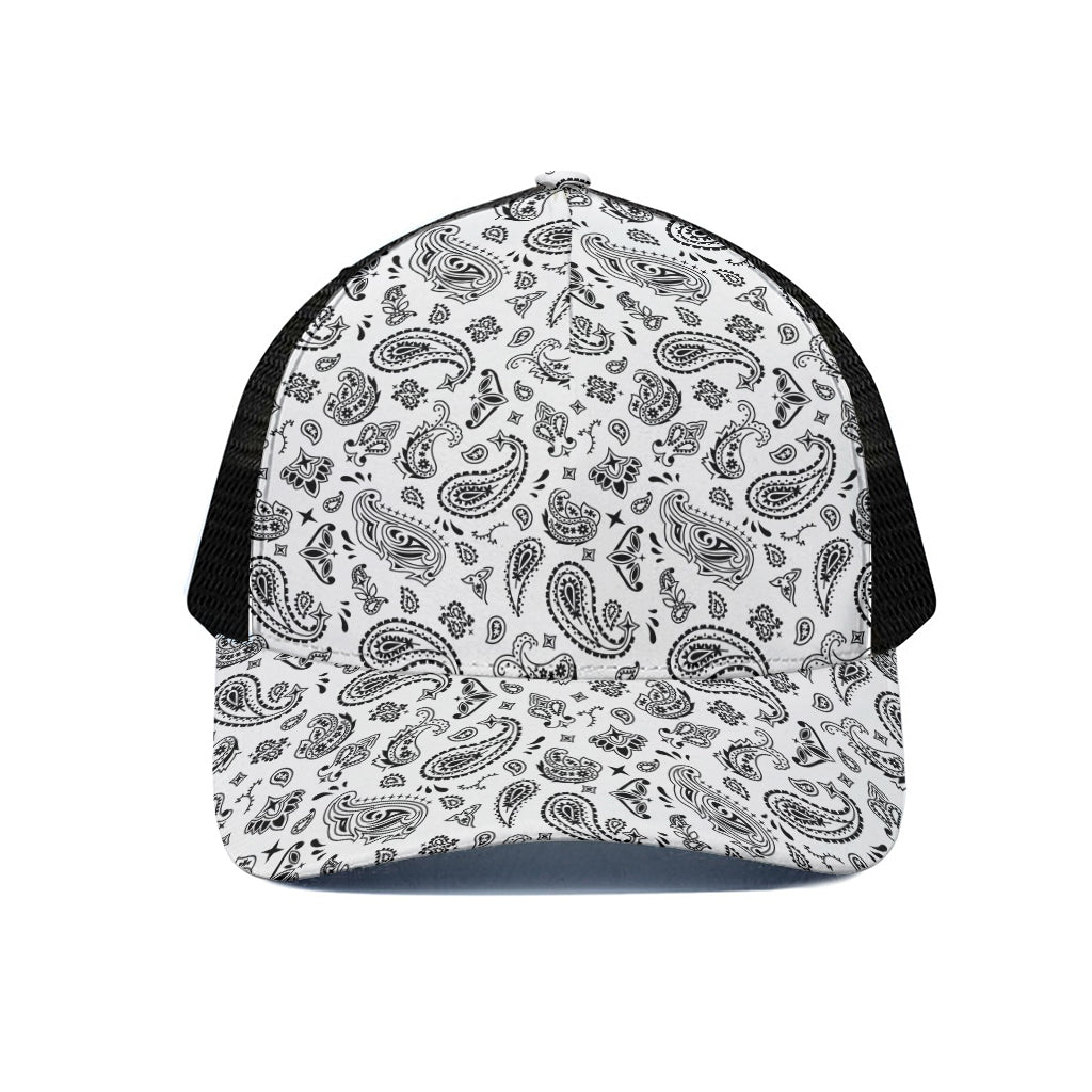 White Paisley Bandana Pattern Print Black Mesh Trucker Cap