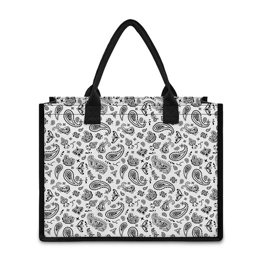 White Paisley Bandana Pattern Print Canvas Tote Bag