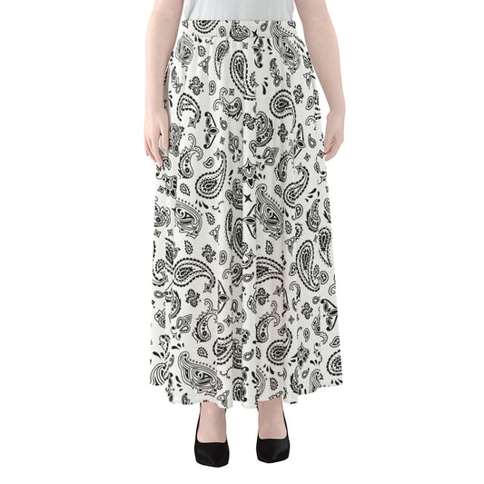 White Paisley Bandana Pattern Print Chiffon Maxi Skirt