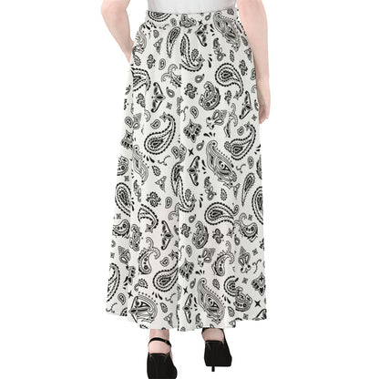 White Paisley Bandana Pattern Print Chiffon Maxi Skirt