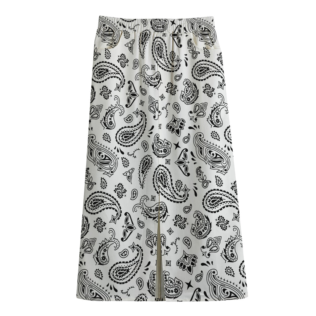 White Paisley Bandana Pattern Print Cotton Front Slit Maxi Skirt
